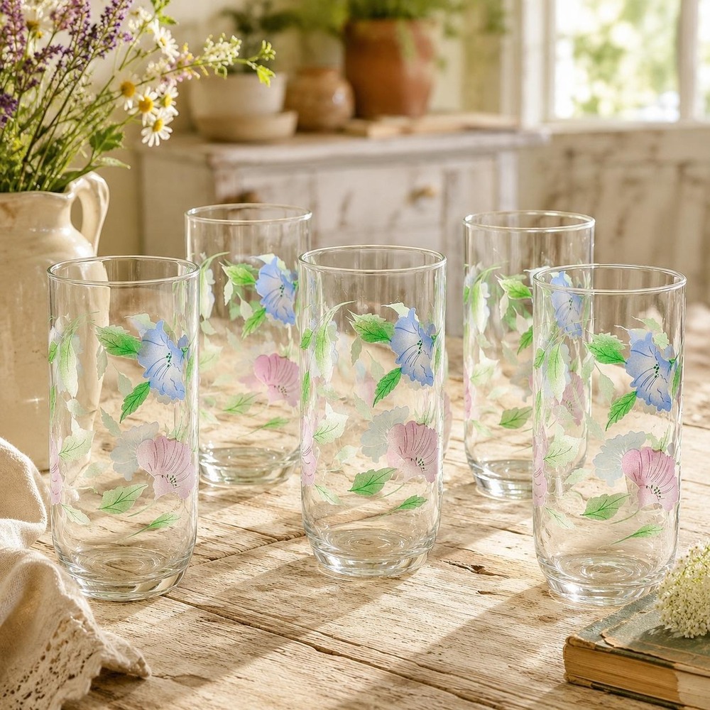 Vintage Luminarc Morning Glory 14oz Glass Tumbler Set of 5 France Floral Pastel
